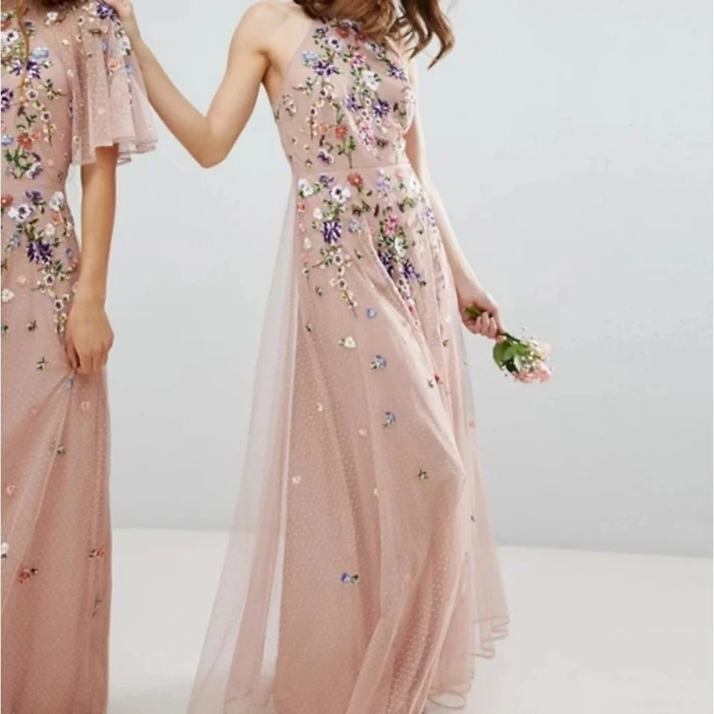 ASOS Dusty Rose Floral Sequin Halter Maxi Dress